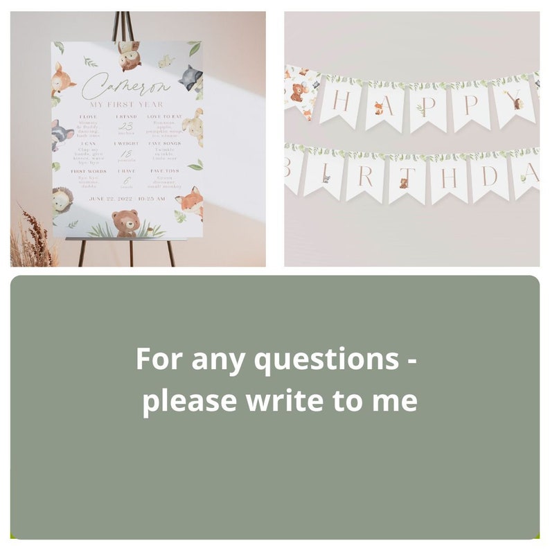 May include: A printable woodland-themed first birthday sign with a list of milestones for a baby named Cameron. The sign features a cute woodland animal design with a banner that says "Happy Birthday".