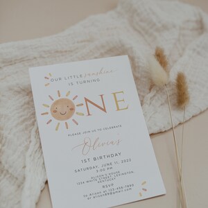 Our Little Sunshine First Birthday Invitation Editable, Sunshine 1st Birthday Invite, Boho Sun 1st Birthday Neutral, Printable Template image 4