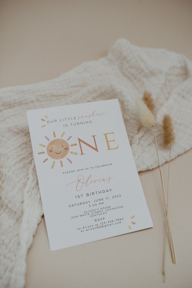 Our Little Sunshine First Birthday Invitation Editable, Sunshine 1st Birthday Invite, Boho Sun 1st Birthday Neutral, Printable Template image 4