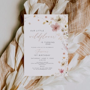 Wildflower Birthday Invitation, Pink Wildflower Birthday Invite, Little wildflower invite, bright floral birthday invites, meadow flower
