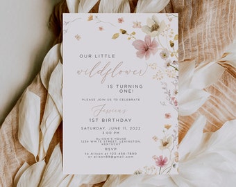 Wildflower Birthday Invitation, Pink Wildflower Birthday Invite, Little wildflower invite, bright floral birthday invites, meadow flower