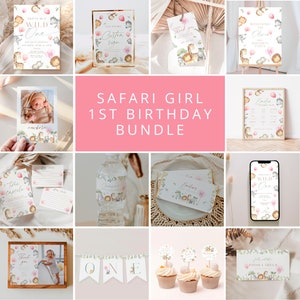 May include: A printable safari girl 1st birthday party bundle with a pink and green color scheme. The bundle includes a welcome sign, a thank you sign, a water bottle label, a cupcake topper, a banner, a favor tag, a sign with the text "Welcome to Olivia's 1st Birthday Party", a sign with the text "Thank You", a sign with the text "It's a Jungle Party", a sign with the text "One", a sign with the text "Wild One", and a sign with the text "Safari Girl 1st Birthday Bundle".