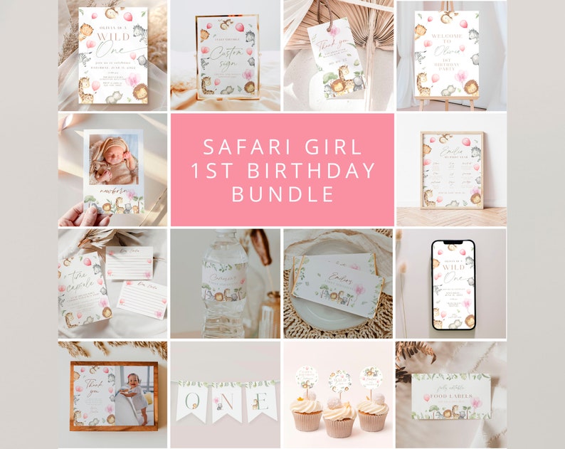 May include: A printable safari girl 1st birthday party bundle with a pink and green color scheme. The bundle includes a welcome sign, a thank you sign, a water bottle label, a cupcake topper, a banner, a favor tag, a sign with the text "Welcome to Olivia's 1st Birthday Party", a sign with the text "Thank You", a sign with the text "It's a Jungle Party", a sign with the text "One", a sign with the text "Wild One", and a sign with the text "Safari Girl 1st Birthday Bundle".
