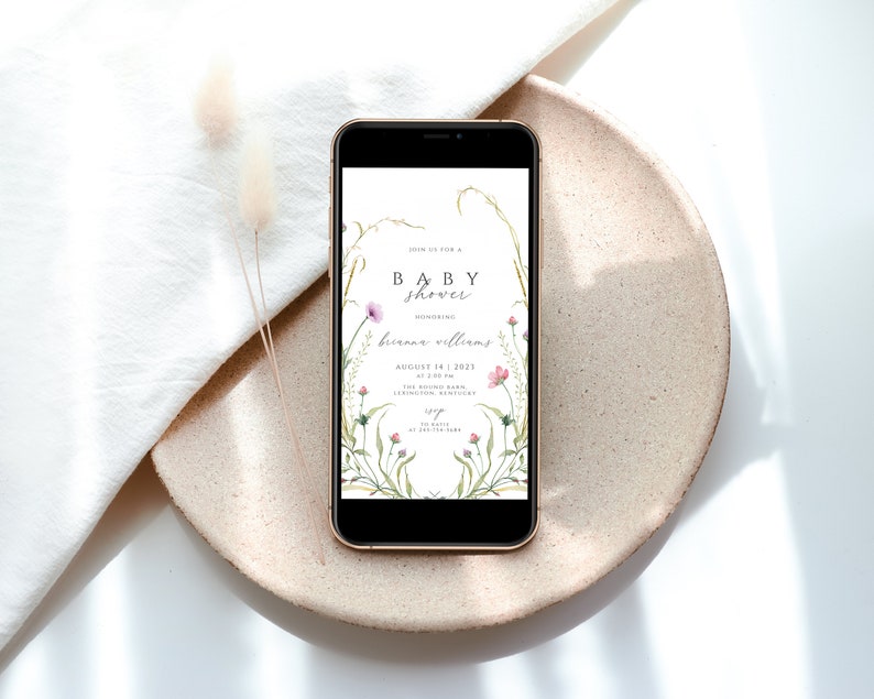 May include: A digital invitation for a baby shower with a floral design. The invitation reads "Join us for a Baby Shower honoring Brianna Williams August 14, 2021 at 2:00 PM The Rolling Barn Lexington, Kentucky RSVP by July 15th"