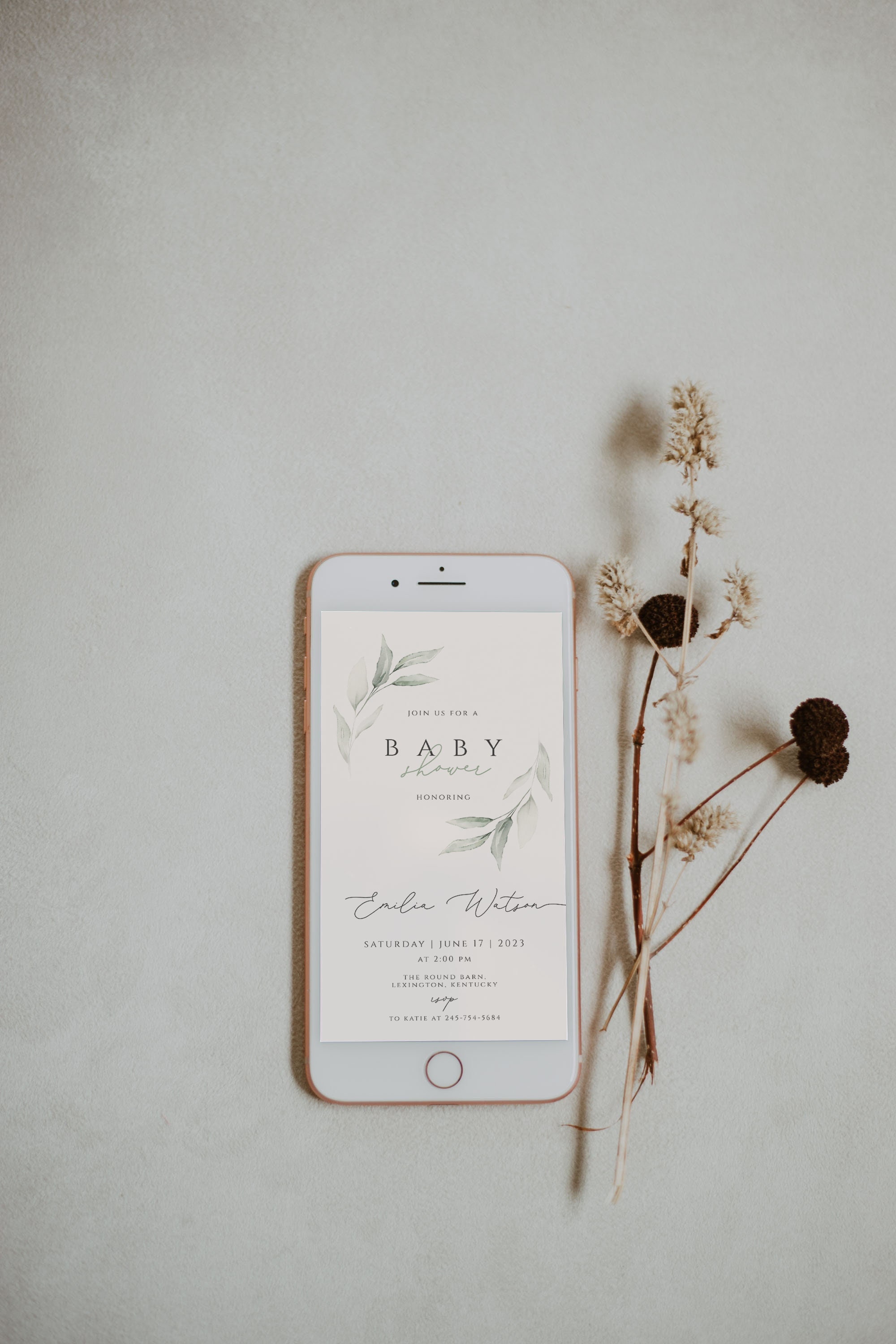 Greenery Baby Shower Electronic Invite, Digital Baby Shower Evite Template, Baby Shower Text Invite, Eucalyptus, Instant Download, Templett