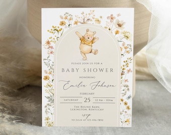 Classic Winnie-the-Pooh Baby Shower Invitation, Winnie-the-Pooh Gender Neutral Baby Shower Invite, Boho, Floral winnie the pooh, WP005