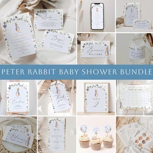 Pacchetto baby shower Peter Rabbit, un coniglietto è nel pacchetto, Pacchetto baby shower Bunny Boy, Set di inviti floreali Peter Rabbit blu, CPRB02