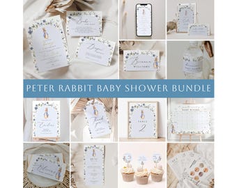 Babyshowerbundel Peter Rabbit, een klein konijntje is op de bundel, Babyshowerbundel konijntje, bloemen peter konijn blauwe uitnodigingsset, CPRB02
