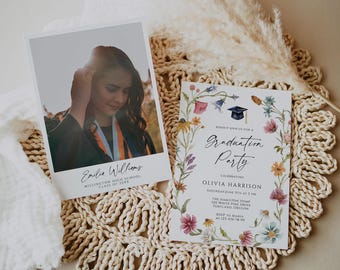 Wildflower Graduation Invitation with photo, Wildflower Graduation Announcement, Grad floral Invitation, Girl Graduation invite, GRWF02