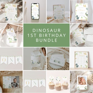 Paquete de primer cumpleaños de dinosaurio Wild One, paquete de cumpleaños de dinosaurio Wild One, invitación imprimible de dinosaurio, decoración para el primer cumpleaños de niño dinosaurio