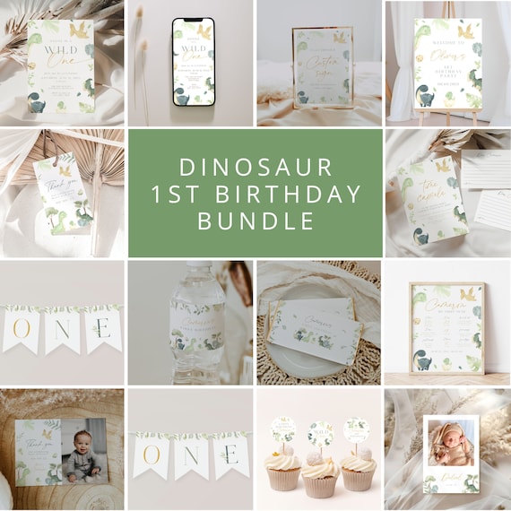 Dinosaur Wild One 1st Birthday Bundle, dino Wild One Birthday Bundle, dino Invitation Printable, dino boy first Birthday Decor