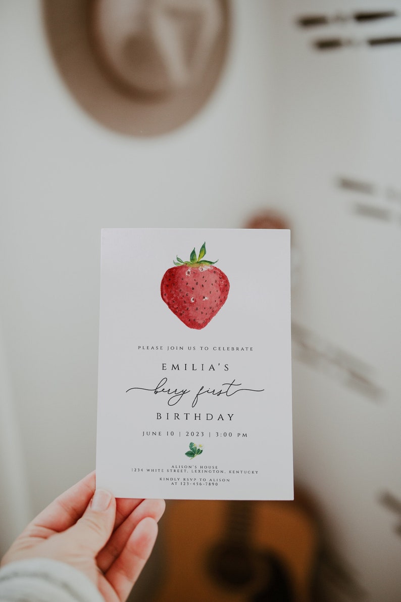 Strawberry Birthday Invitation Template, Berry First Birthday Invitation, Strawberry 1st Birthday Invite, Girl Birthday Party Invitation image 1