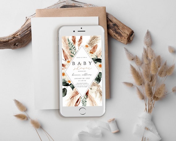Baby Shower Digital Invitation Evite Template Boho Pampas Grass Baby Shower Electronic Invite Text Message Evite Bohemian Editable Template
