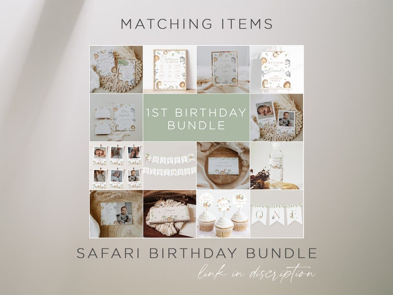 May include: A collage of printable safari-themed first birthday party decorations. The decorations include invitations, banners, cupcake toppers, water bottle labels, and a welcome sign. The decorations feature a neutral color palette of beige, brown, and gold with illustrations of animals and foliage.
