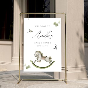 Rocking horse Baby Shower Welcome Sign, vintage Toys Baby Shower Welcome Sign, Adventure Awaits, Editable Welcome Sign, Instant Download
