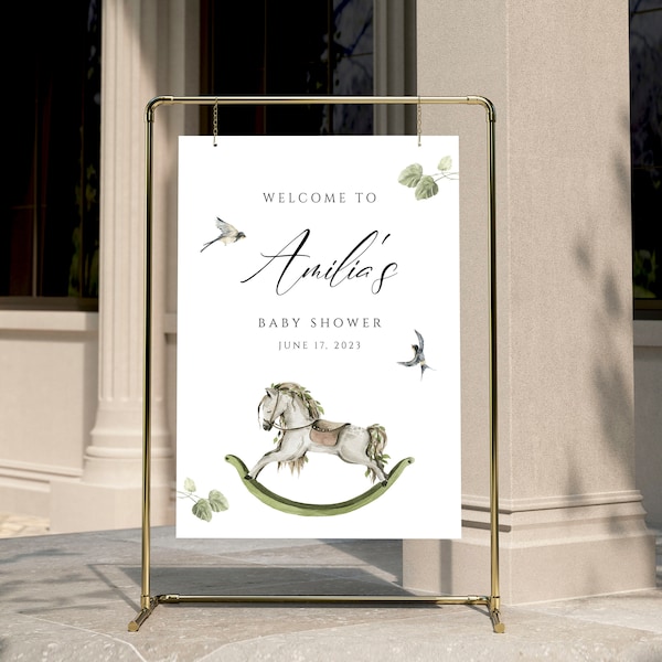 Rocking horse Baby Shower Welcome Sign, vintage Toys Baby Shower Welcome Sign, Adventure Awaits, Editable Welcome Sign, Instant Download