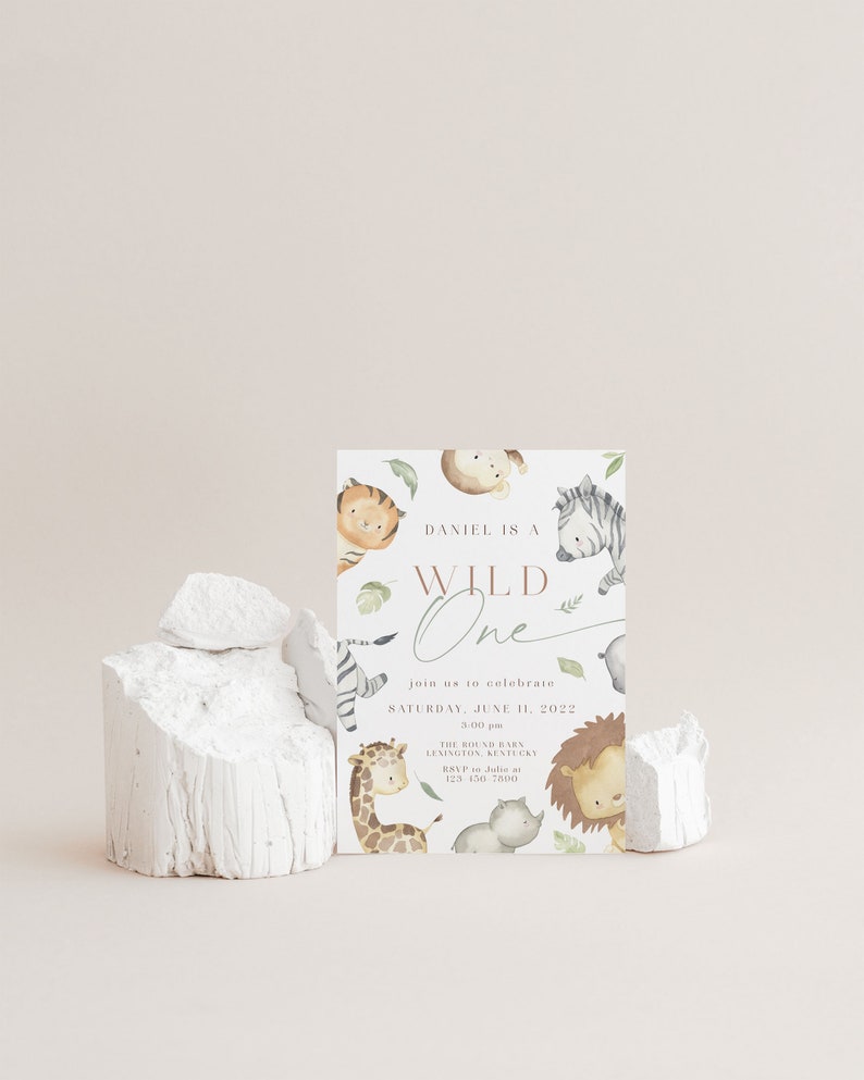 May include: A light brown invitation card with a watercolor illustration of jungle animals. The text reads "Daniel is a Wild One" and includes details for a birthday party on June 11, 2022.