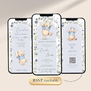 Könnte beinhalten: Drei Smartphone-Bildschirme mit Babyparty-Einladungen. Jede Einladung zeigt eine Winnie-Puuh-Illustration und florale Akzente. Die Einladungen enthalten Texte wie "Baby Shower" und "Save the Date!" mit RSVP-Informationen.