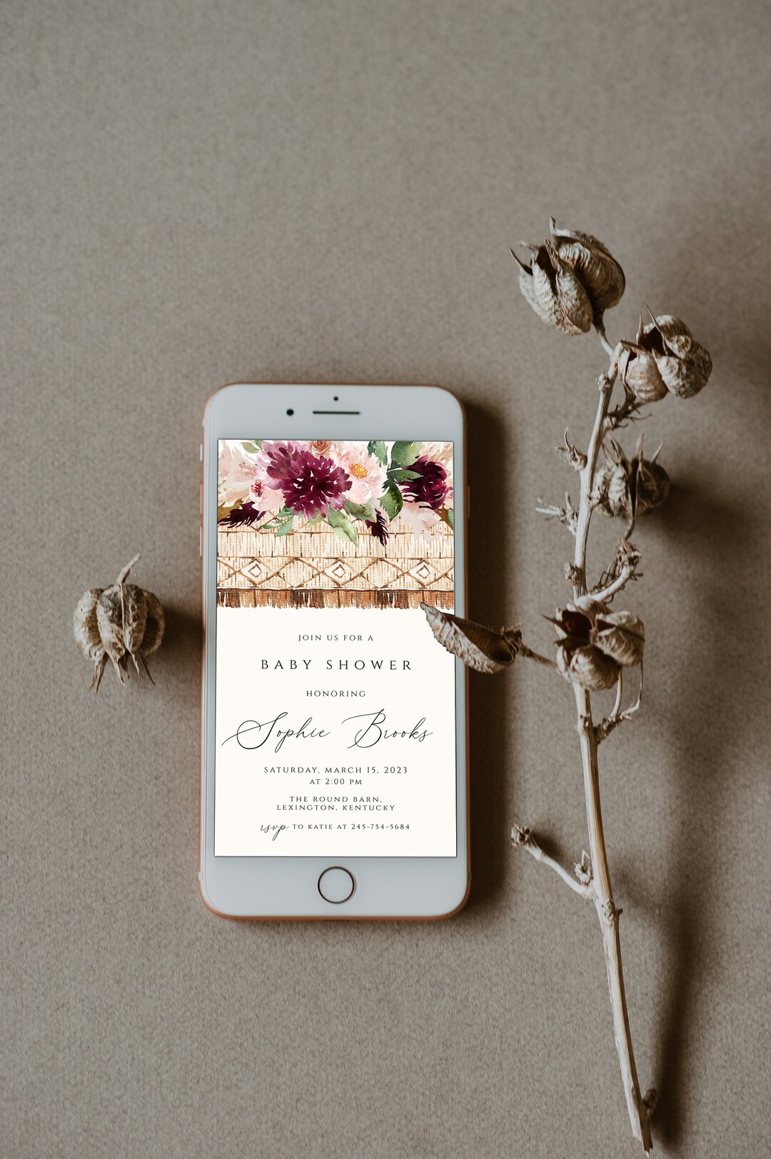 Boho Baby Shower Electronic Invitation Template, Baby Shower Text ...