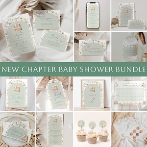 May include: A set of printable baby shower decorations with a book and floral theme. The decorations include invitations, a welcome sign, a thank you sign, a table number, a menu, a baby book, a baby shower game, and a gift tag. The decorations are in shades of green, white, and brown.