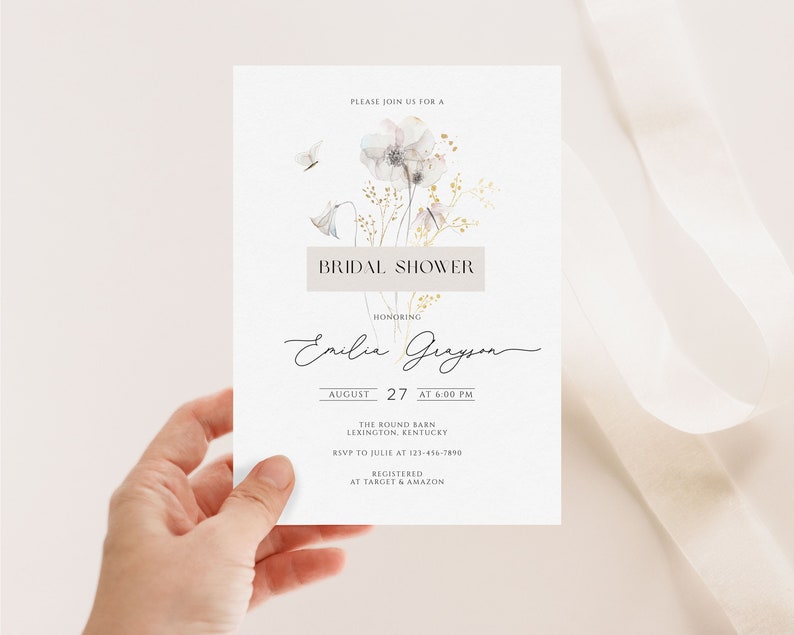 elegant floral bridal Shower Invite, floral minimalist Bridal Shower Invitation, flowers bridal shower Invitation, image 1