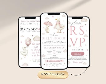 Modello di invito digitale per baby shower per bambine Silly Goose con RSVP cliccabile, invito per baby shower per bambine Mother Goose Gingham rosa, SGPS01
