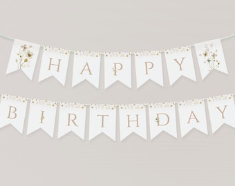 Modelo de banner de flores silvestres, banner de feliz aniversário de flores silvestres, banner de primeiro aniversário para impressão, banner floral, bandeira editável, decoração de aniversário
