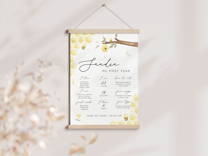 Op de afbeelding: Een gele en witte printbare poster met een honingraatpatroon en een bij-illustratie. De poster heeft de titel "Mijn eerste jaar" en bevat details over het eerste jaar van een baby, zoals lengte, gewicht en favoriete voedingsmiddelen. De naam van de baby is Jandia en de geboortedatum is 22 juni 2022.