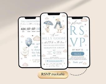Silly Goose Baby Shower boy digital Invitation Template with Clickable RSVP, Mother Goose Gingham Blue  boy Baby Shower Invite, SGBS01