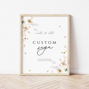 K&ouml;nnte beinhalten: Ein gerahmtes, druckbares Schild mit einem floralen Design und dem Text "create & edit CUSTOM sign FULLY EDITABLE UNLIMITED SIGNS".