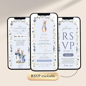 May include: Three smartphones displaying baby shower invitations. The center phone shows a bunny illustration and text: "A little bunny is on the way." The left phone has a countdown timer. The right phone says "RSVP by May 12."