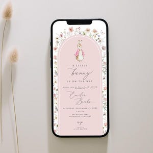 Invito elettronico per baby shower con bambina Peter Rabbit, Un coniglietto è in arrivo per il baby shower, invito telefonico rosa per baby shower con Peter Rabbit, PRG01