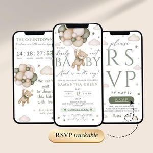 May include: Three smartphones showing baby shower invitations. The central phone displays a teddy bear with balloons, text saying "Noah is on the way!" and event details. The other phones show a countdown and RSVP information.