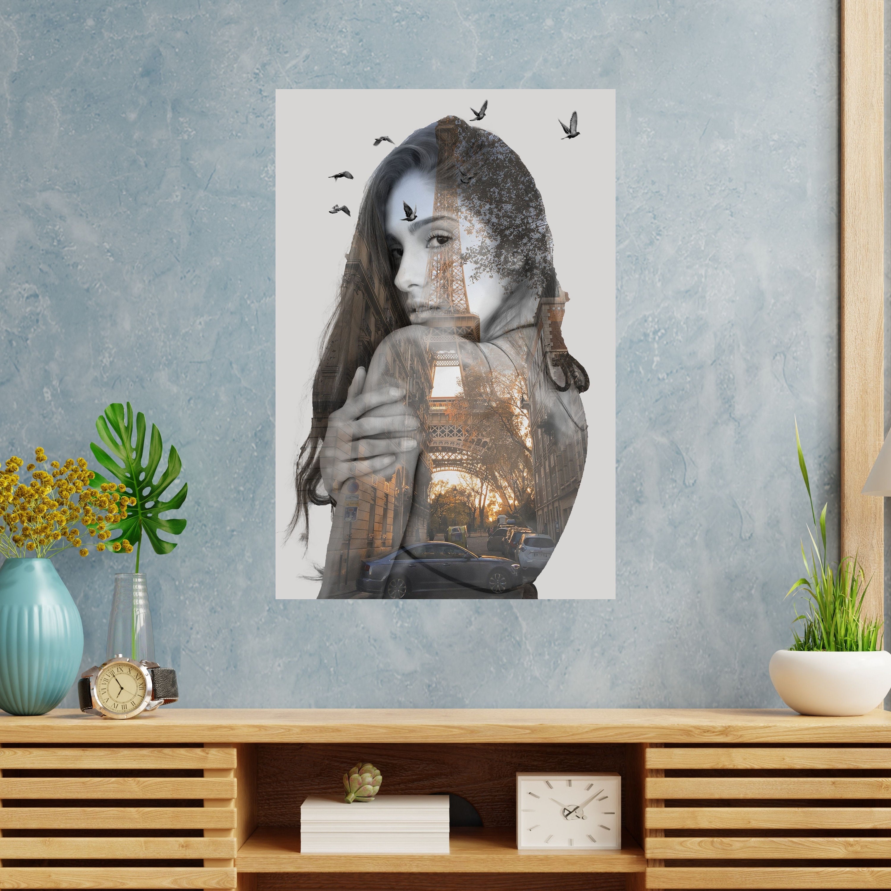 Tableau Portrait Femme Tour Eiffel, Tableau Paris, Monument, Moderne, Double Exposure, Design, Décor