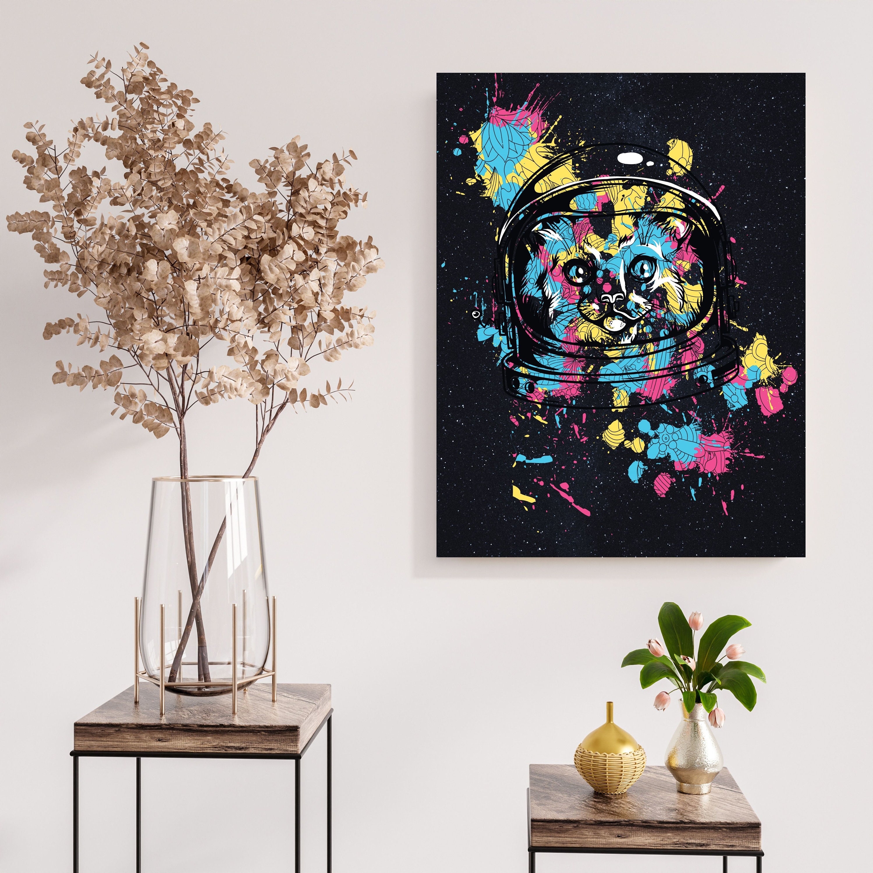 Tableau Chat Astronaute Abstrait, Tableau Nuit Étoilé, Espace Animaux, Moderne, Design, Pop Art, Str