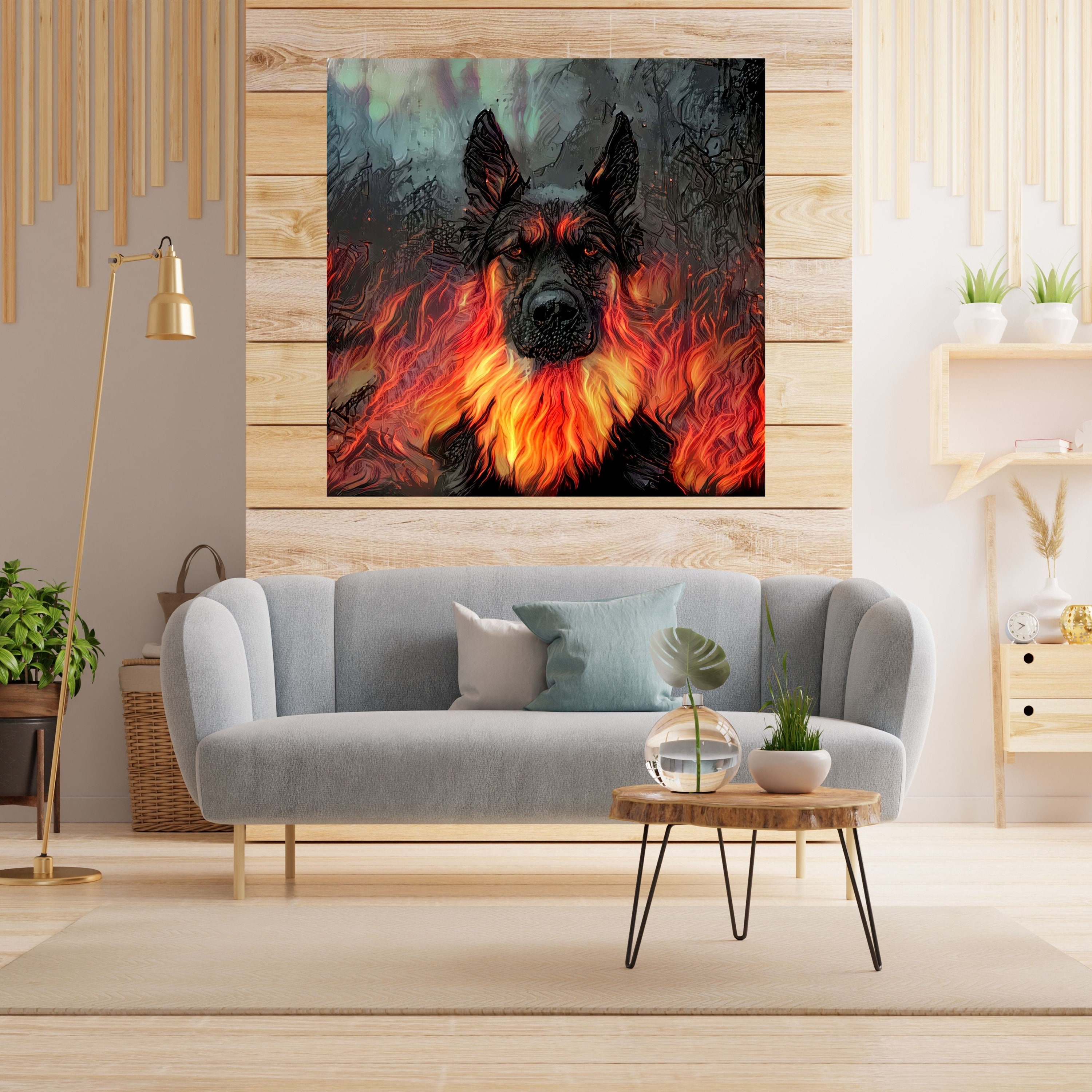 Tableau Portrait Chien Abstrait, Tableaux Des Enfer, Tableau Animaux, Flamme, Paysage en Feu, Chien
