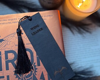 Engraved Black Leather Bookmark with tassel: 'Wing Leader' Fourth Wing Inspired