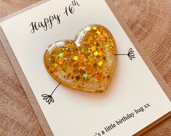 Handmade 16th Birthday Card – Gold Glitter Pocket Hug Keepsake