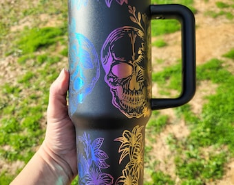 Skull and roses on black or white rainbow engraved 40 oz cup