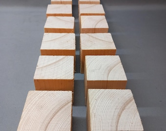 May include: A collection of twelve unfinished wooden blocks, arranged in two parallel rows. Each block is a square shape with visible wood grain patterns. The blocks are a light, natural wood color, and are evenly spaced.