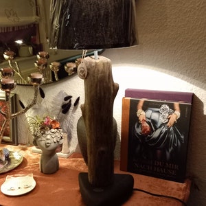 Driftwood table lamp with black textile shade exotic look Robust body and Mediterranean solid wood base Rustic finish