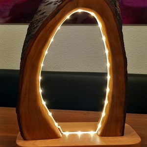 Handmade unique design table lamp made of natural beech wood, rectangular real wood base made of regional wood and LED light strips.