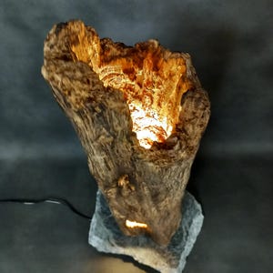 May include: A unique, handcrafted lamp made from a piece of natural wood, mounted on a gray stone base. The interior of the wood is illuminated with a warm, golden light, creating a cozy ambiance. The lamp has a rustic, organic aesthetic.