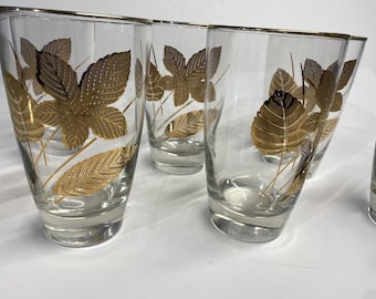 MCM Midcentury Modern Libbey Tumbler Water Glasses Set of 7 Gold Leaves Rim Barware Vintage
