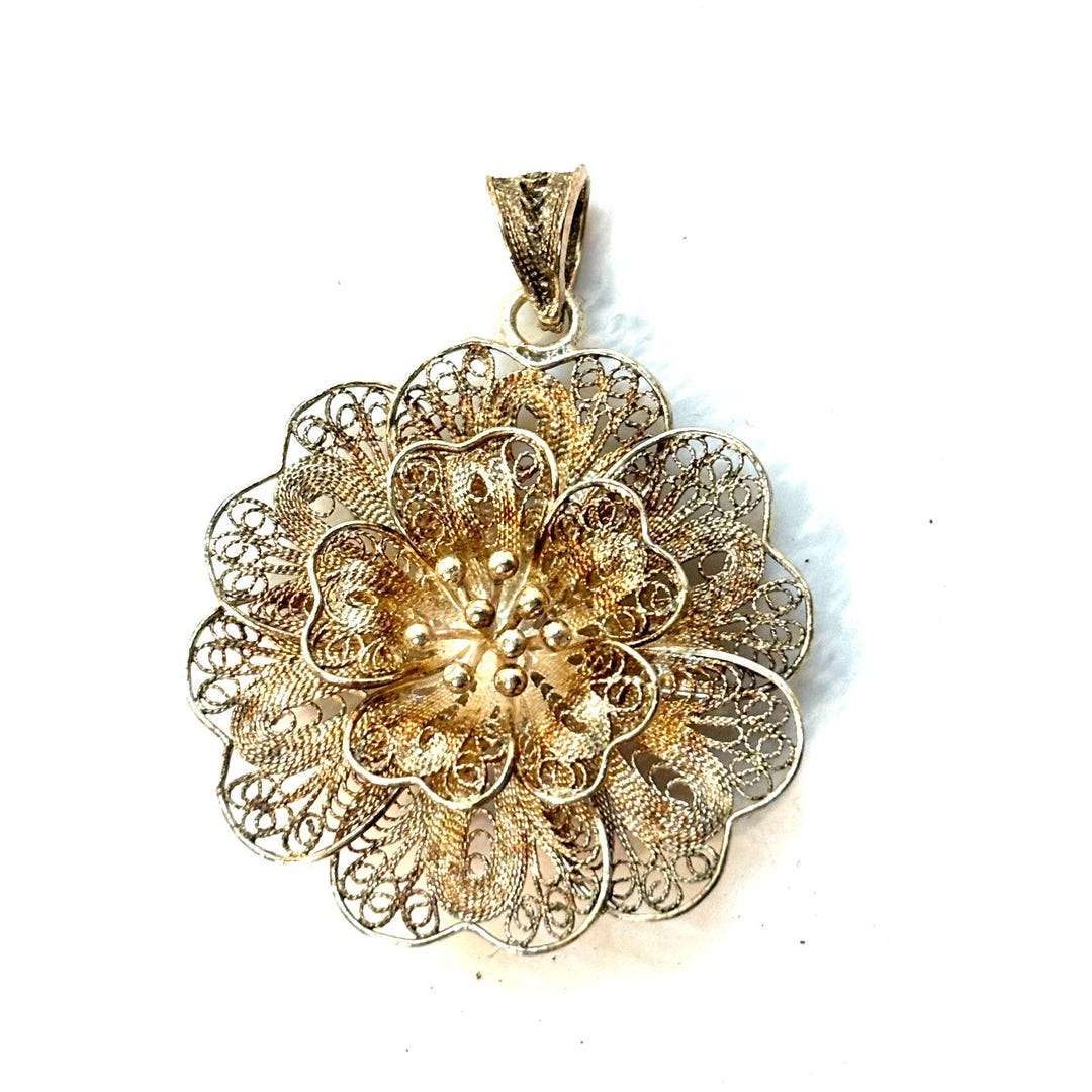 Vintage Sterling Silver Filigree Flower Pendant Necklace 925 1.25 Inch ...