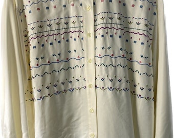 Vintage Koret Cream Blouse Long Sleeve Elegant Satin Feeling  Embroidered Sz L