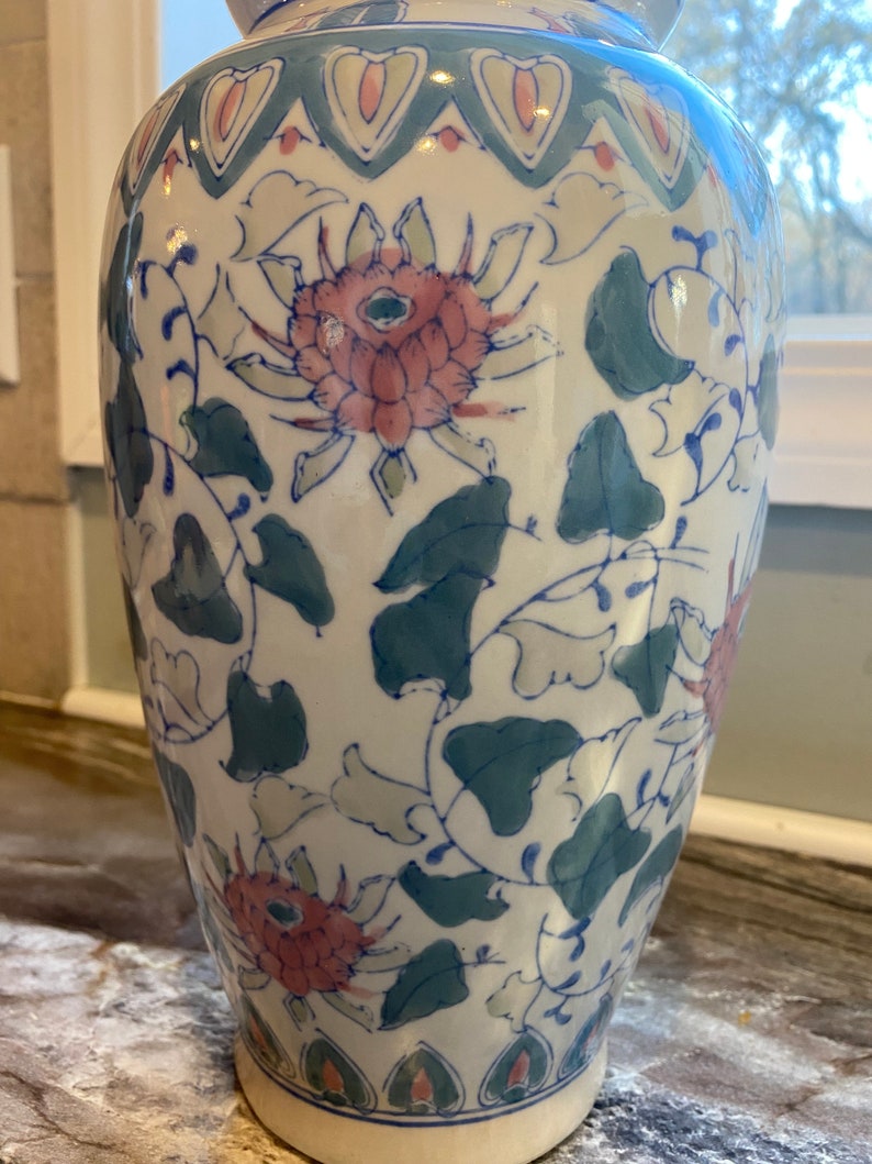 Large Vintage Chinese Vase Pink and Green Chinoiserie Decor Tall Floral