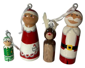 Hand Painted Peg Dolls Christmas Ornaments Santa Mrs Claus Elf Reindeer Set of 4