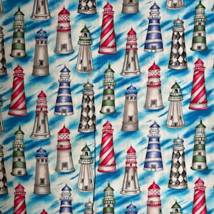 Blue Lighthouses - Blanket Textiles- Cotton Quilting Fabric-By the Yard