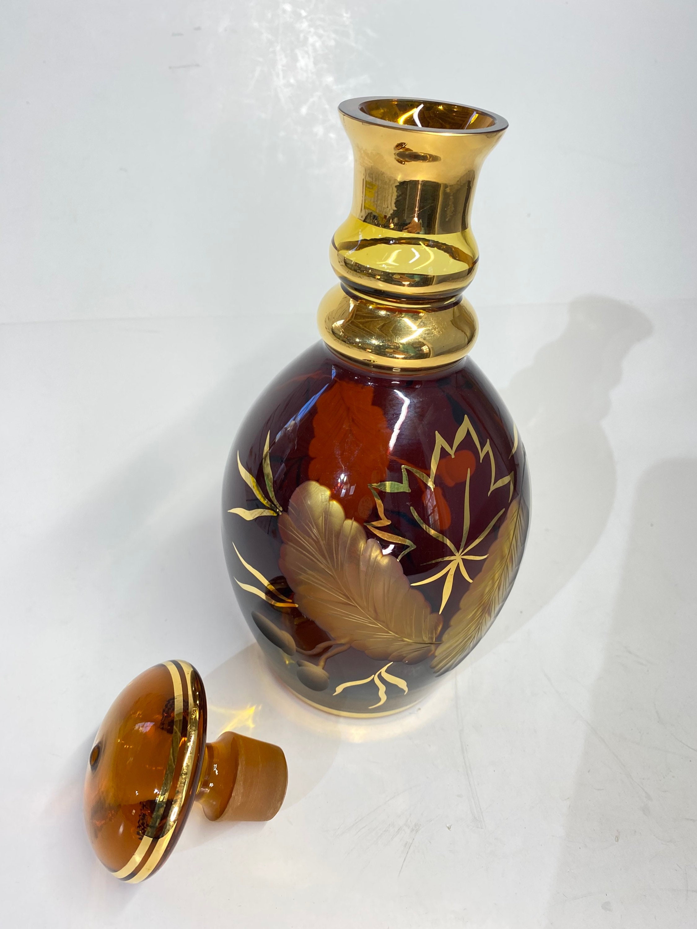 Vintage Bohemian Red Gold Amber Etched Crystal Spirits Decanter With